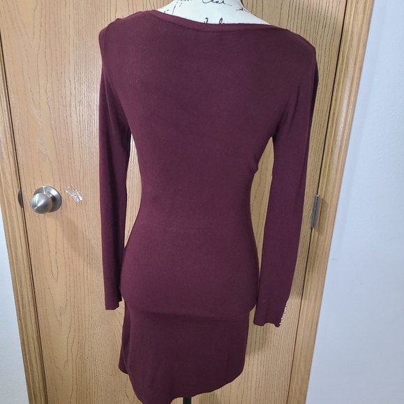 White House Black Market Burgundy Knit Asymmetrical Gold Button Sweater Dress - Picture 5 of 5